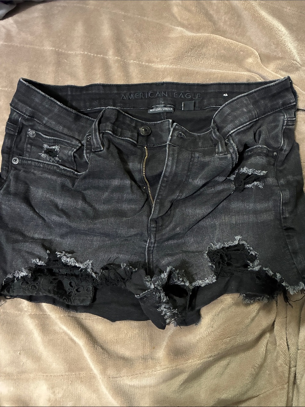 American Eagle Outfitters Black Distressed Lace-Trim Jean Shorts